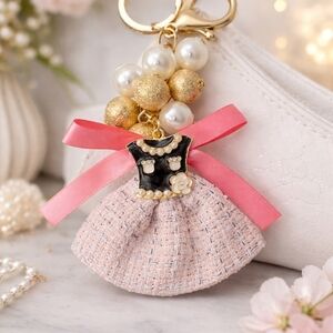 Pearl & Gold Beaded Dress Bag Charm Keychain • Chic Boutique Style